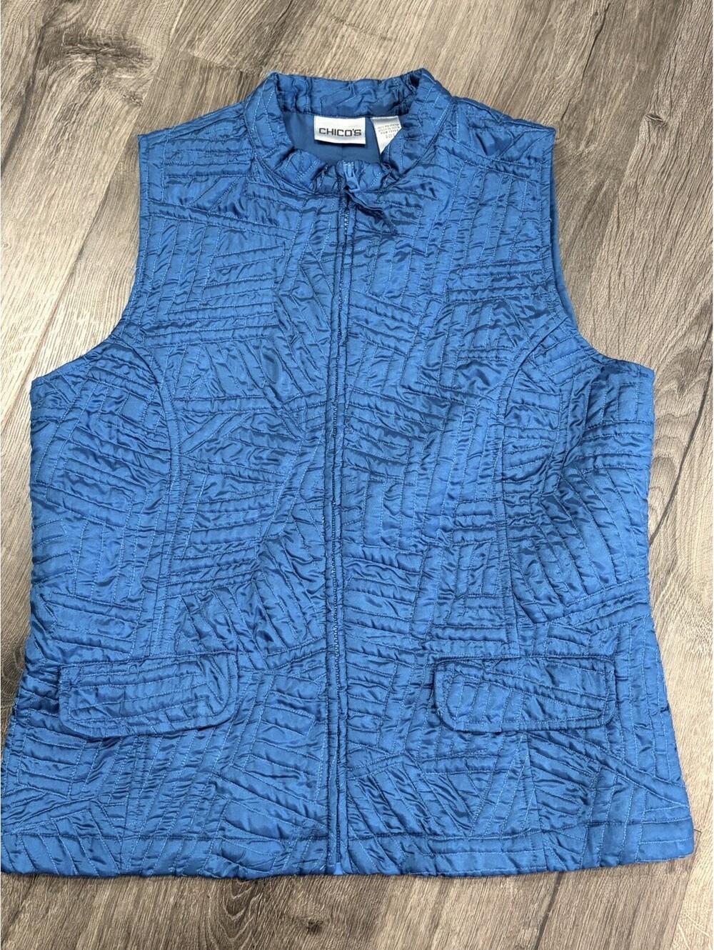 Chico's Blue Quilted Vest Full Zip Lightweight Textured Geometric Mosaic Size 0